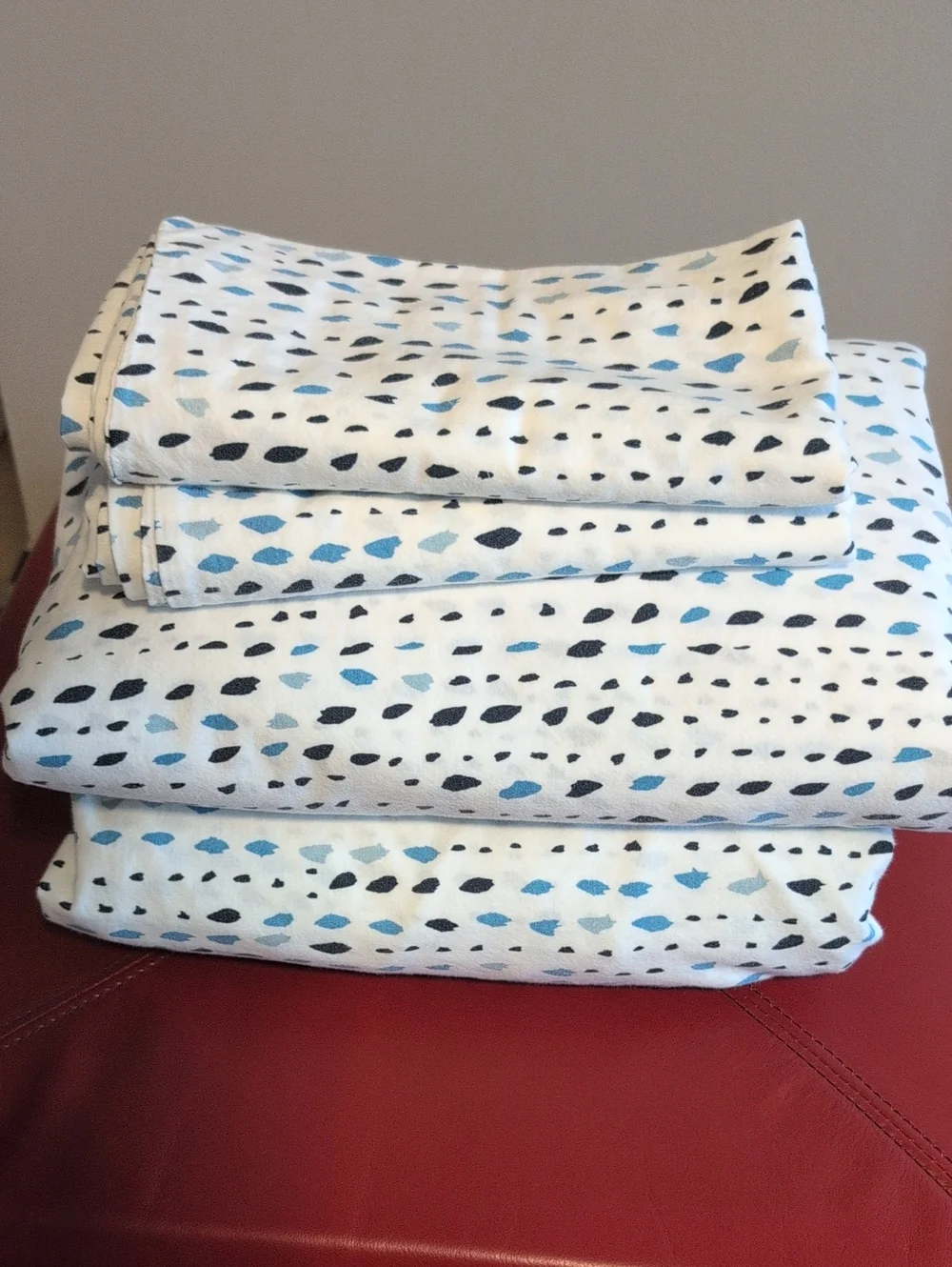 West Elm White King Size Sheet Set with Blue and Black Dot Motif
